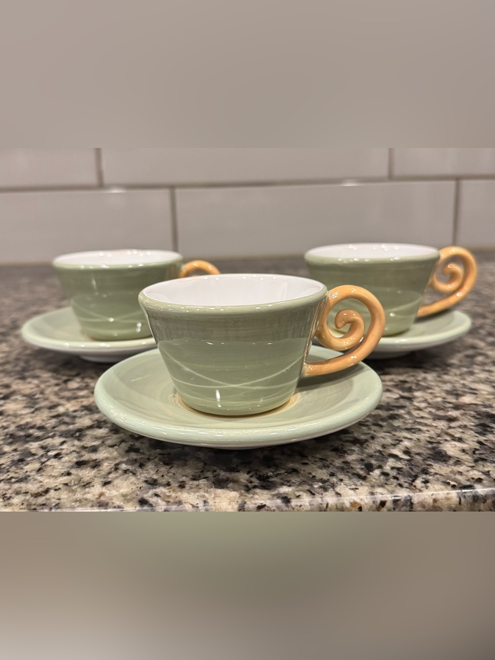 Rosanna Imports Italy Cappuccino Cup n Saucer 3 Sets Swirl Handles Green Yellow